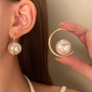 Gold and Faux Pearl Hoop Earrings